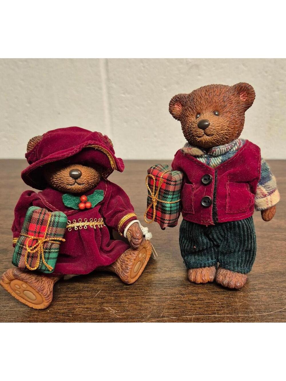 Pair of Decorative Bear Figurines in Vintage Style Holiday Attire
